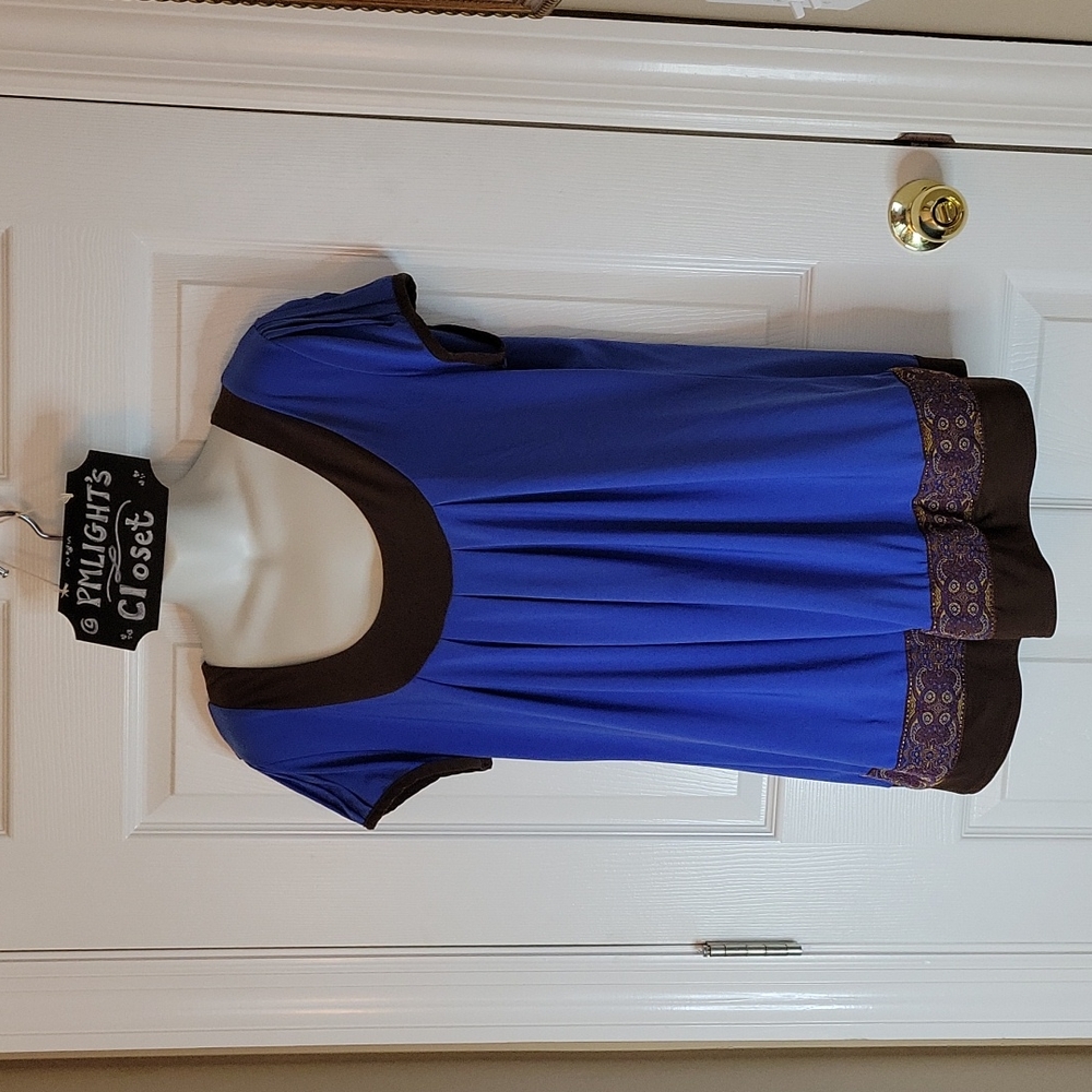 Blue and Brown Blouse Puffed Short Sleeve 1X